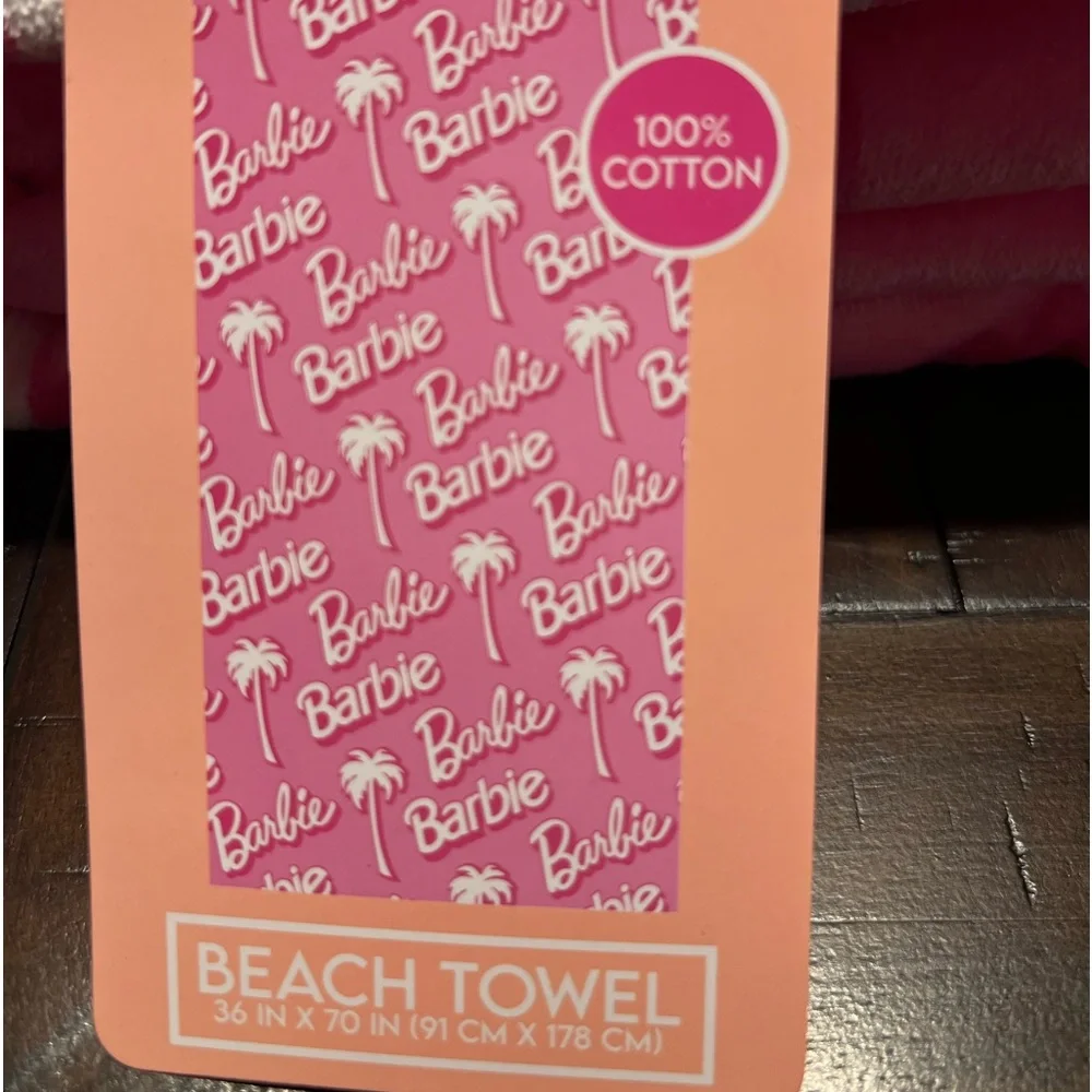 Barbie Signature Logo Palm Tree Pink and White Beach Towel